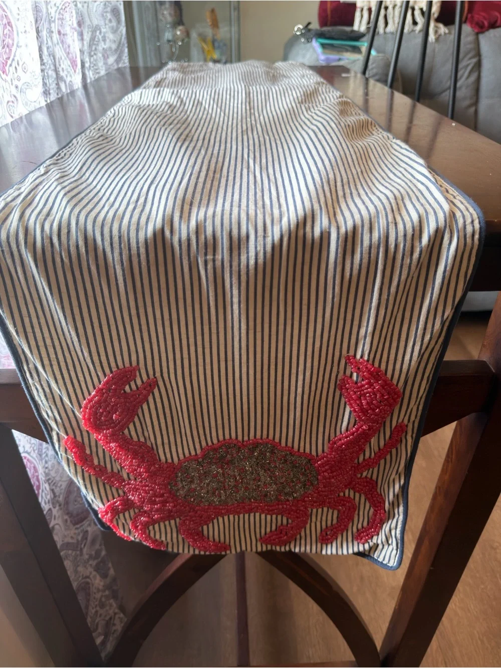 Pier 1 Red Crab Beaded Pillow Covers on Striped Cream Background